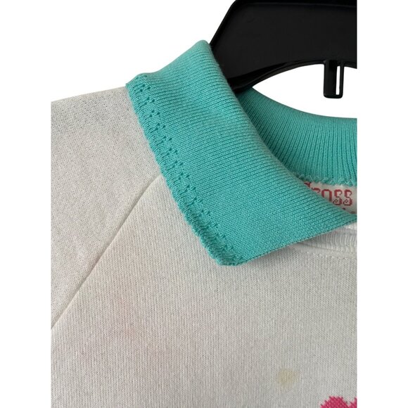 Vintage Cross Stitch Golf Print Sweatshirt With Collar XL White Teal Made In USA - Picture 3 of 12